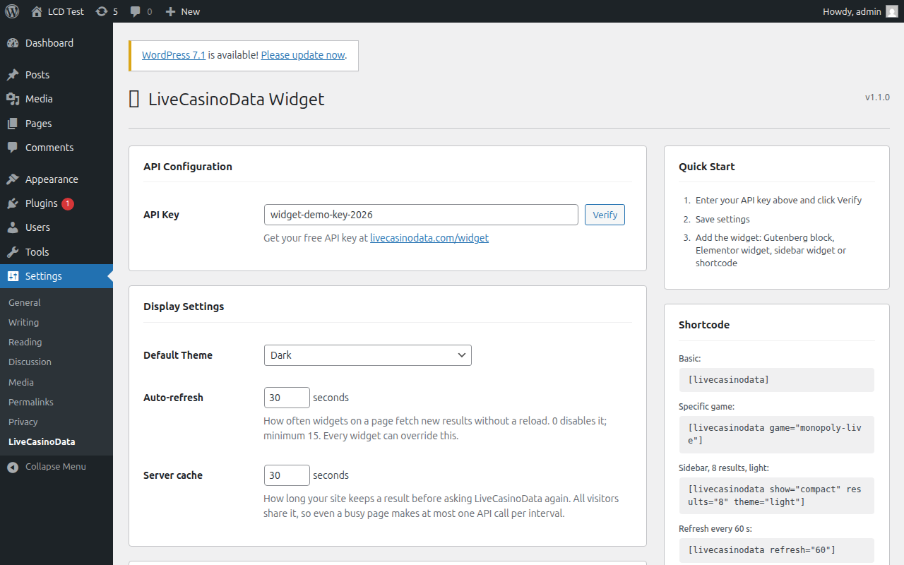 Settings: API key, theme, refresh and cache